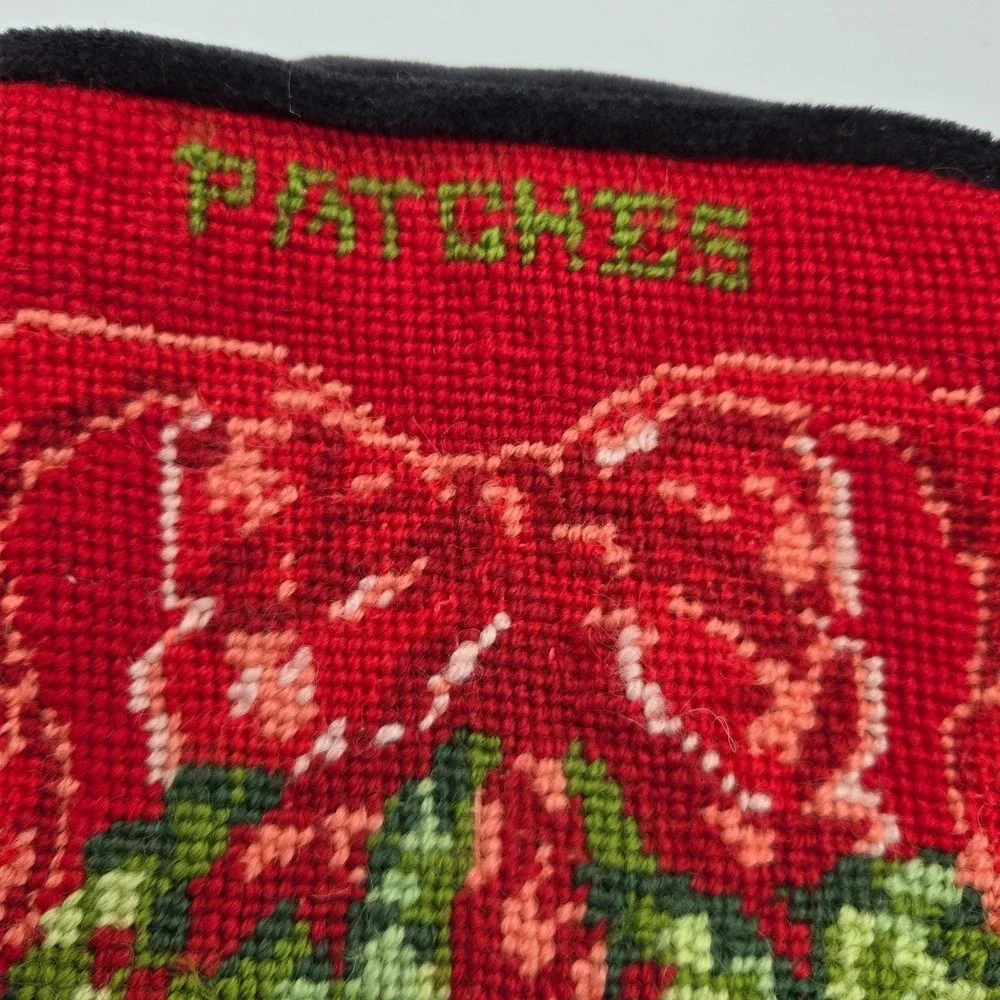 Calico Cat Needlepoint Christmas Stocking Black Velvet Personalized PATCHES 16